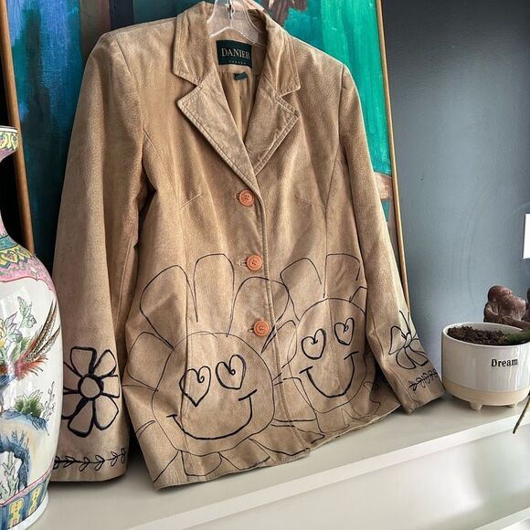 Danier Tan Leather Jacket with Floral Design Hand Drawn Small - Picture 2 of 16